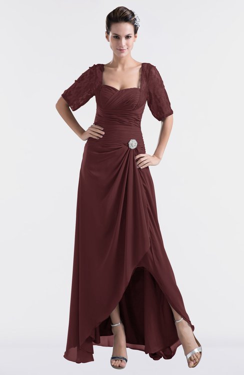 ColsBM Emilia Burgundy Modest Sweetheart Short Sleeve Zip up Floor Length Plus Size Bridesmaid Dresses