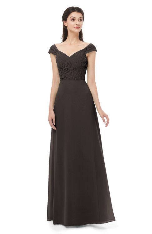 ColsBM Aspen Fudge Brown Bridesmaid Dresses Off The Shoulder Elegant Short Sleeve Floor Length A-line Ruching