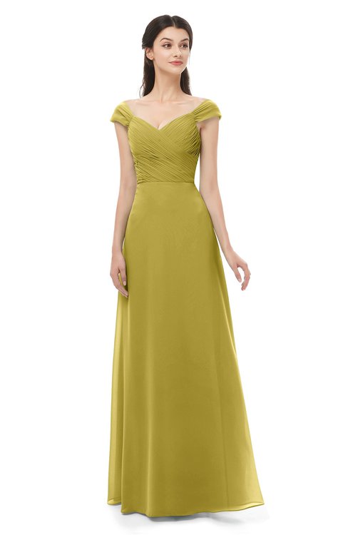 ColsBM Aspen Golden Olive Bridesmaid Dresses Off The Shoulder Elegant Short Sleeve Floor Length A-line Ruching