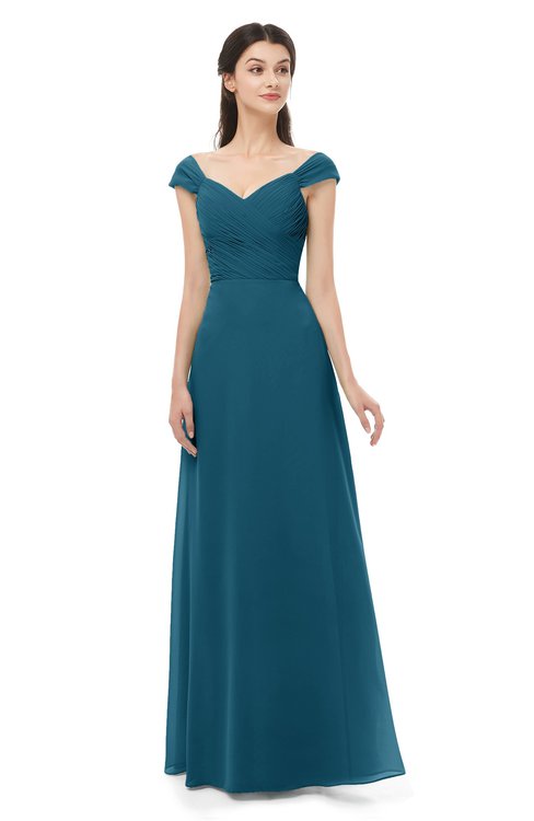 ColsBM Aspen Moroccan Blue Bridesmaid Dresses Off The Shoulder Elegant Short Sleeve Floor Length A-line Ruching