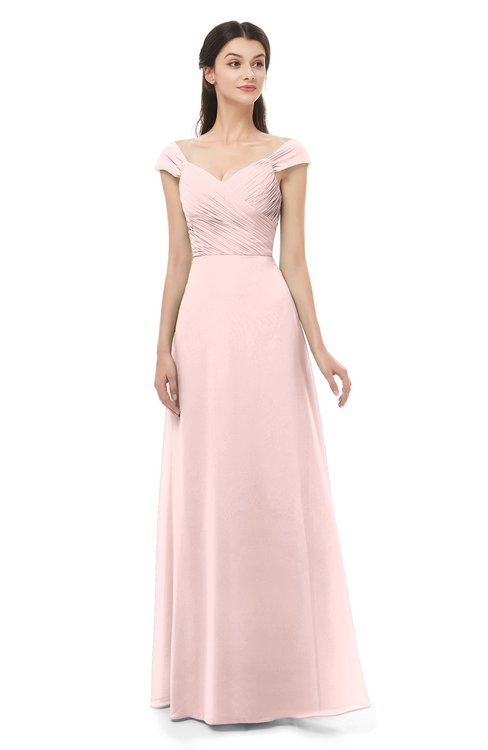 ColsBM Aspen Pastel Pink Bridesmaid Dresses Off The Shoulder Elegant Short Sleeve Floor Length A-line Ruching
