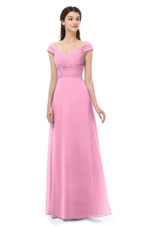 ColsBM Aspen Pink Bridesmaid Dresses Off The Shoulder Elegant Short Sleeve Floor Length A-line Ruching
