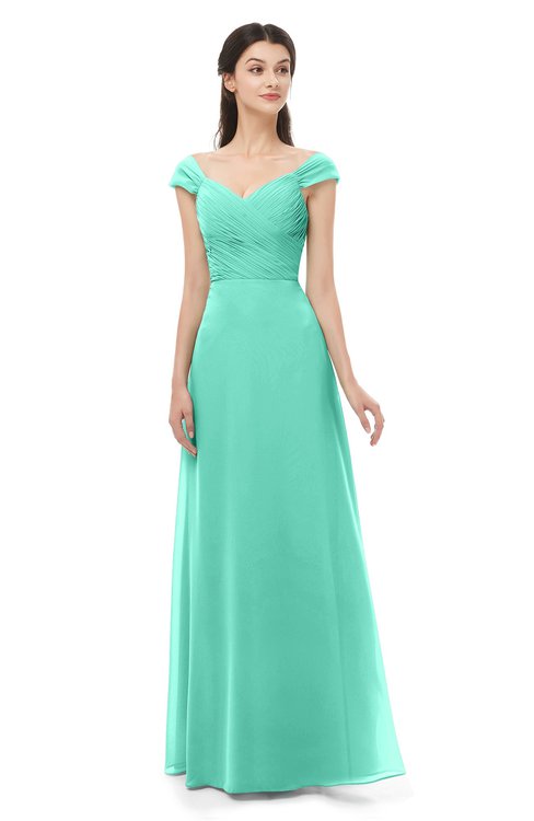 ColsBM Aspen Seafoam Green Bridesmaid Dresses Off The Shoulder Elegant Short Sleeve Floor Length A-line Ruching