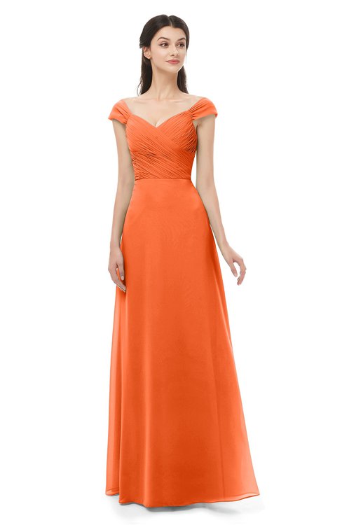 ColsBM Aspen Tangerine Bridesmaid Dresses Off The Shoulder Elegant Short Sleeve Floor Length A-line Ruching