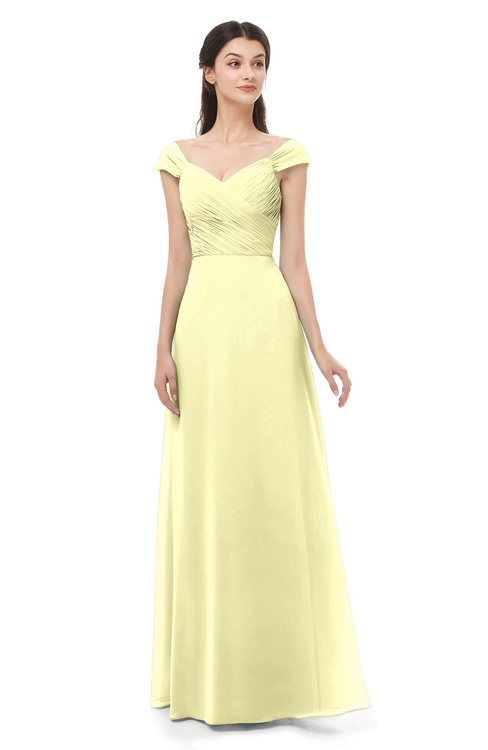 ColsBM Aspen Wax Yellow Bridesmaid Dresses Off The Shoulder Elegant Short Sleeve Floor Length A-line Ruching