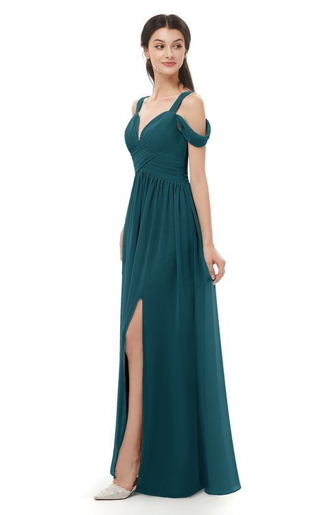 ColsBM Raven Blue Green Bridesmaid Dresses Split-Front Modern Short Sleeve Floor Length Thick Straps A-line
