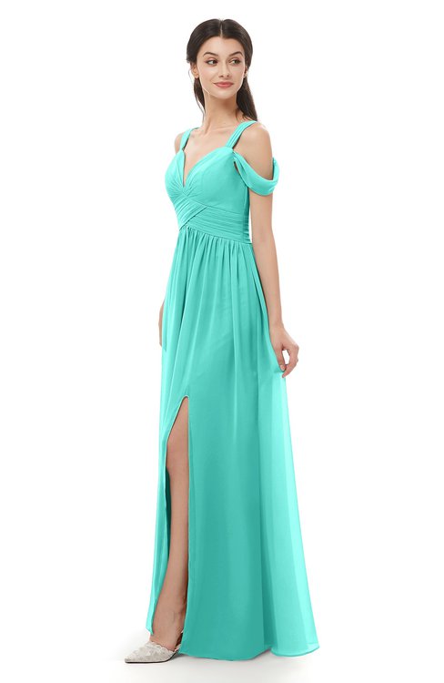 ColsBM Raven Blue Turquoise Bridesmaid Dresses Split-Front Modern Short Sleeve Floor Length Thick Straps A-line