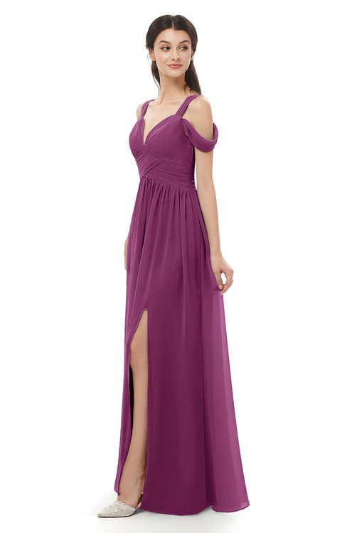 ColsBM Raven Raspberry Bridesmaid Dresses Split-Front Modern Short Sleeve Floor Length Thick Straps A-line