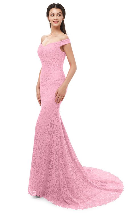 ColsBM Reese Begonia Pink Bridesmaid Dresses Zip up Mermaid Sexy Off The Shoulder Lace Chapel Train