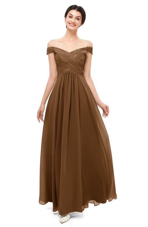 ColsBM Lilith Brown Bridesmaid Dresses Off The Shoulder Pleated Short Sleeve Romantic Zip up A-line