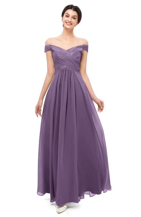 ColsBM Lilith Chinese Violet Bridesmaid Dresses Off The Shoulder Pleated Short Sleeve Romantic Zip up A-line