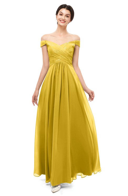 ColsBM Lilith Lemon Curry Bridesmaid Dresses Off The Shoulder Pleated Short Sleeve Romantic Zip up A-line