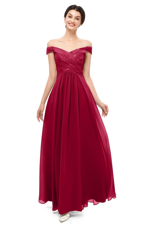 ColsBM Lilith Maroon Bridesmaid Dresses Off The Shoulder Pleated Short Sleeve Romantic Zip up A-line