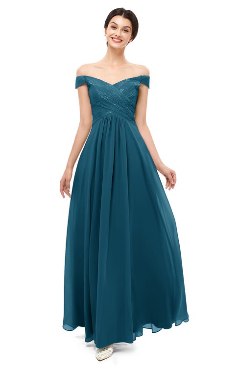 ColsBM Lilith Moroccan Blue Bridesmaid Dresses Off The Shoulder Pleated Short Sleeve Romantic Zip up A-line