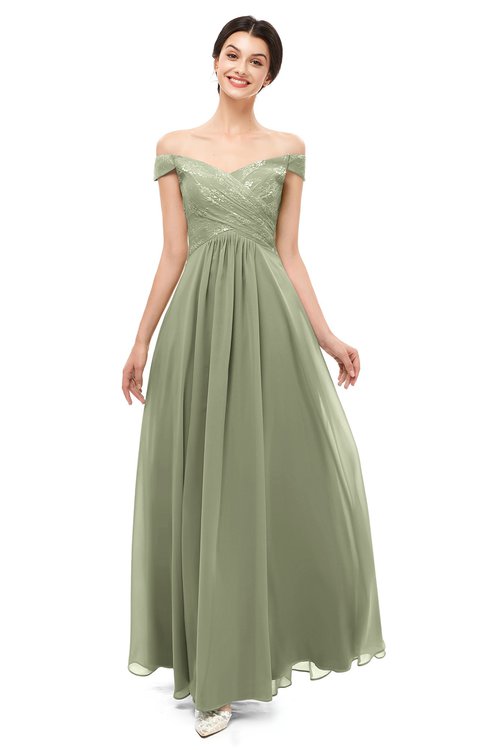 ColsBM Lilith Moss Green Bridesmaid Dresses Off The Shoulder Pleated Short Sleeve Romantic Zip up A-line