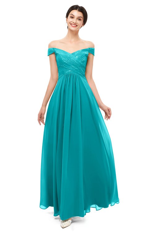 ColsBM Lilith Teal Bridesmaid Dresses Off The Shoulder Pleated Short Sleeve Romantic Zip up A-line