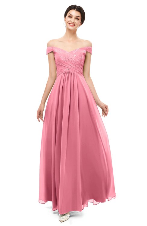 ColsBM Lilith Watermelon Bridesmaid Dresses Off The Shoulder Pleated Short Sleeve Romantic Zip up A-line