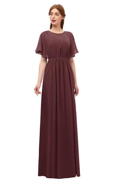 ColsBM Darcy Burgundy Bridesmaid Dresses Pleated Modern Jewel Short Sleeve Lace up Floor Length