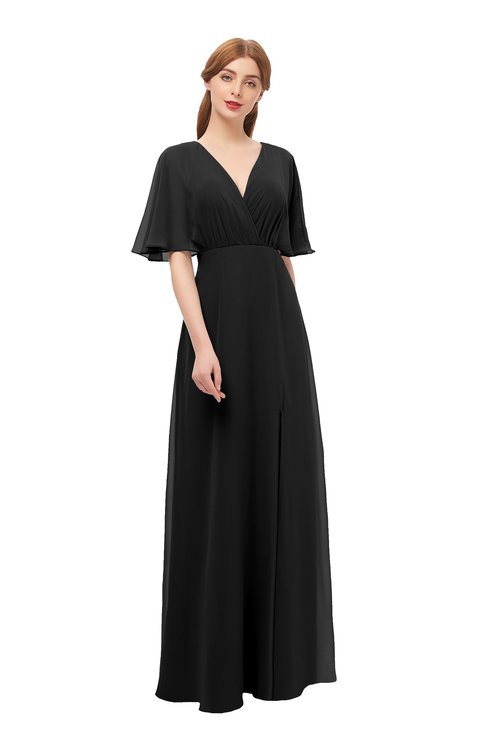 ColsBM Dusty Black Bridesmaid Dresses Pleated Glamorous Zip up Short Sleeve Floor Length A-line