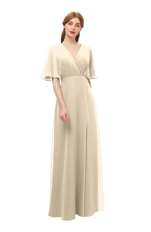 ColsBM Dusty Champagne Bridesmaid Dresses Pleated Glamorous Zip up Short Sleeve Floor Length A-line