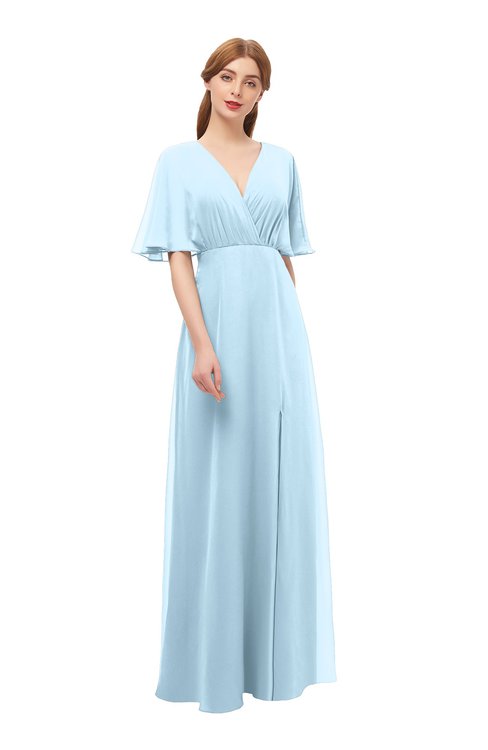 ColsBM Dusty Ice Blue Bridesmaid Dresses Pleated Glamorous Zip up Short Sleeve Floor Length A-line