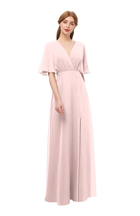 ColsBM Dusty Pastel Pink Bridesmaid Dresses Pleated Glamorous Zip up Short Sleeve Floor Length A-line