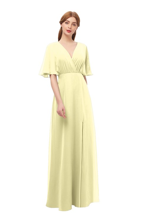 ColsBM Dusty Soft Yellow Bridesmaid Dresses Pleated Glamorous Zip up Short Sleeve Floor Length A-line