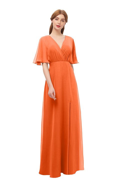 ColsBM Dusty Tangerine Bridesmaid Dresses Pleated Glamorous Zip up Short Sleeve Floor Length A-line
