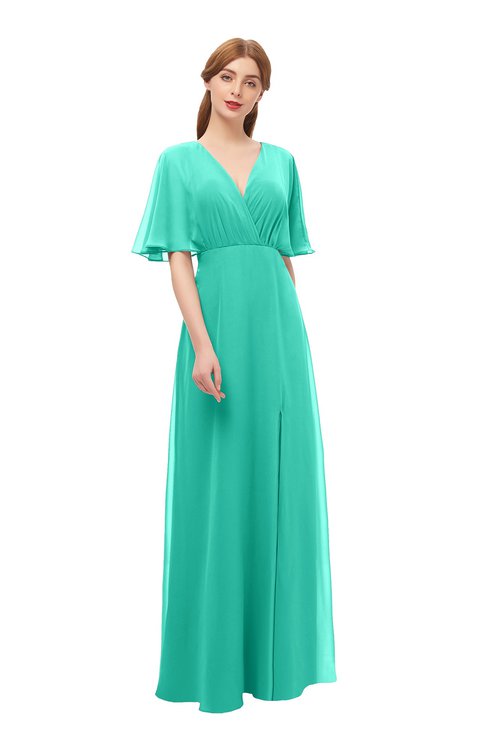 ColsBM Dusty Viridian Green Bridesmaid Dresses Pleated Glamorous Zip up Short Sleeve Floor Length A-line