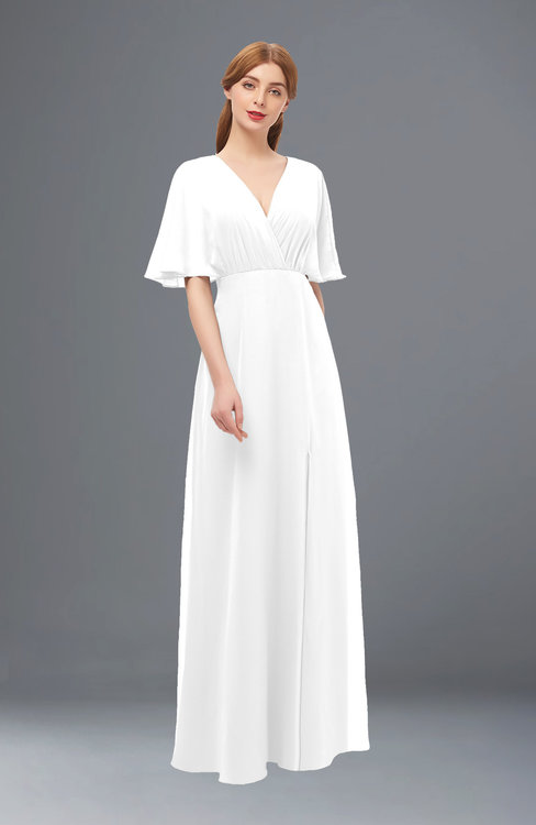ColsBM Dusty White Bridesmaid Dresses Pleated Glamorous Zip up Short Sleeve Floor Length A-line