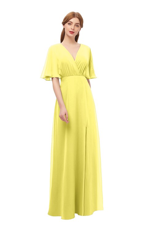 ColsBM Dusty Yellow Iris Bridesmaid Dresses Pleated Glamorous Zip up Short Sleeve Floor Length A-line