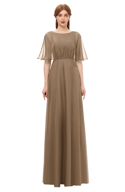 ColsBM Ricki Bronze Brown Bridesmaid Dresses Floor Length Zipper Elbow Length Sleeve Glamorous Pleated Jewel