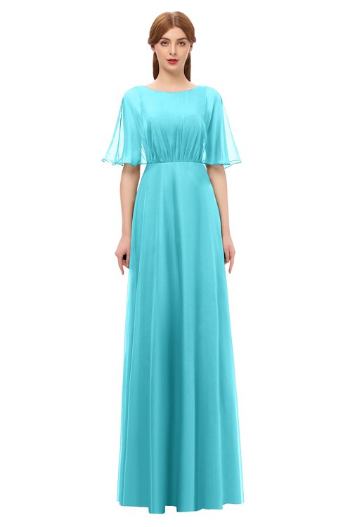 ColsBM Ricki Turquoise Bridesmaid Dresses Floor Length Zipper Elbow Length Sleeve Glamorous Pleated Jewel