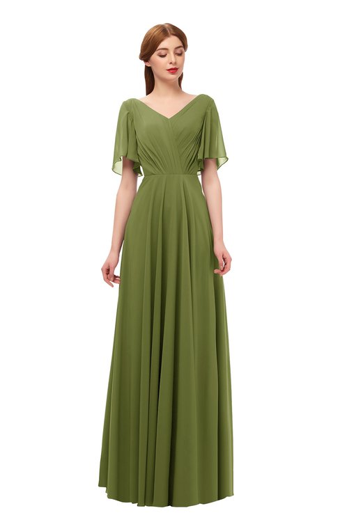 green emerald velvet dress Olive Green Satin V Neck Floor Length Dress – Lisposa main image 1