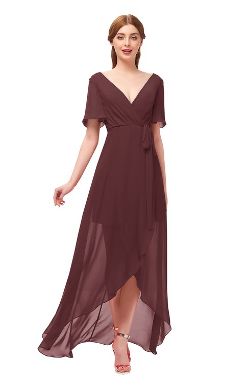 ColsBM Taegan Burgundy Bridesmaid Dresses Hi-Lo Ribbon Short Sleeve V-neck Modern A-line