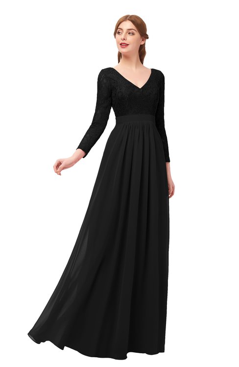ColsBM Cyan Black Bridesmaid Dresses Sexy A-line Long Sleeve V-neck Backless Floor Length