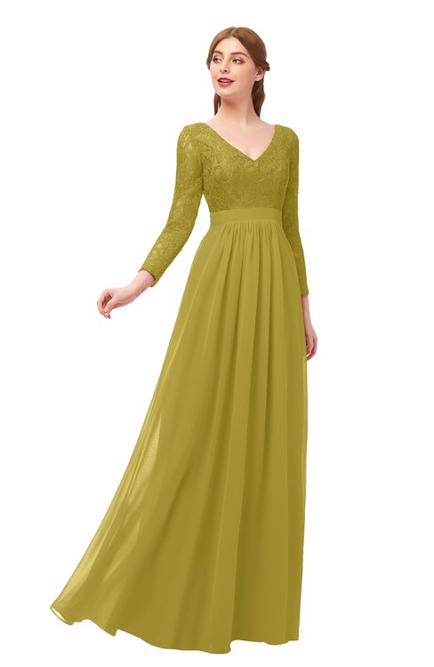 ColsBM Cyan Golden Olive Bridesmaid Dresses Sexy A-line Long Sleeve V-neck Backless Floor Length