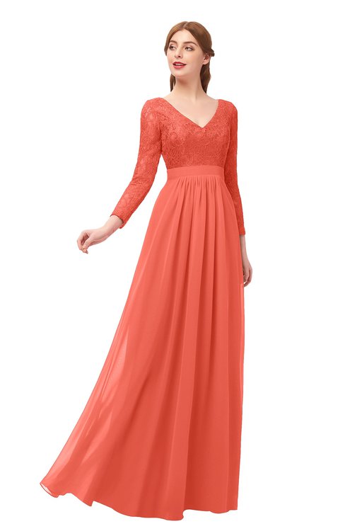 ColsBM Cyan Living Coral Bridesmaid Dresses Sexy A-line Long Sleeve V-neck Backless Floor Length