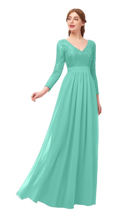 ColsBM Cyan Mint Green Bridesmaid Dresses Sexy A-line Long Sleeve V-neck Backless Floor Length