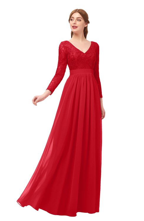 ColsBM Cyan Red Bridesmaid Dresses Sexy A-line Long Sleeve V-neck Backless Floor Length