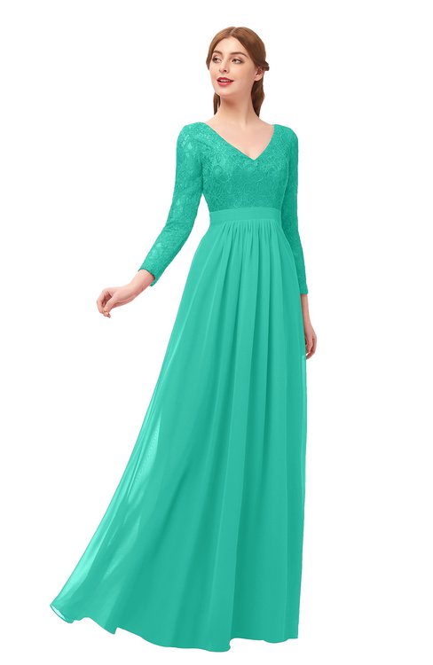 ColsBM Cyan Viridian Green Bridesmaid Dresses Sexy A-line Long Sleeve V-neck Backless Floor Length