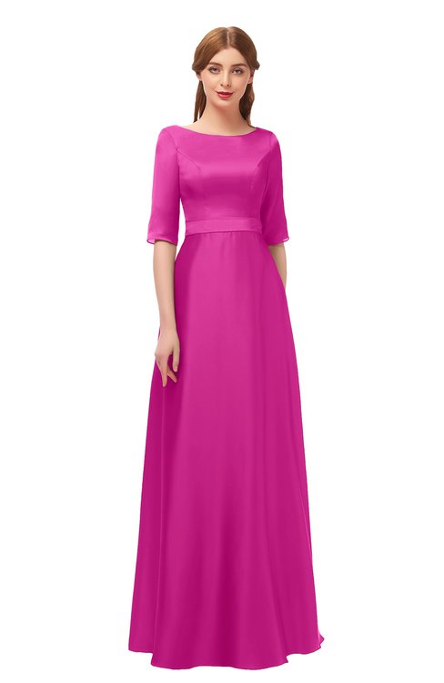 ColsBM Silver Hot Pink Bridesmaid Dresses Mature Floor Length Boat Zip up Sash A-line