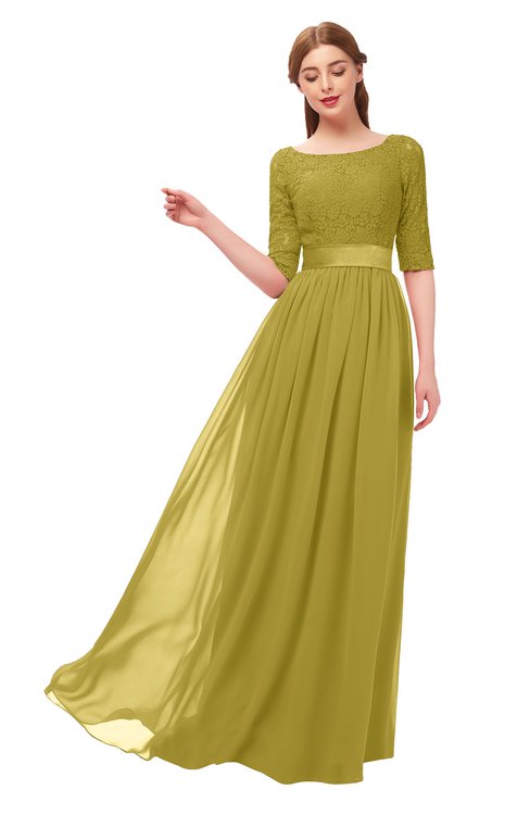 ColsBM Payton Golden Olive Bridesmaid Dresses Sash A-line Modest Bateau Half Length Sleeve Zip up