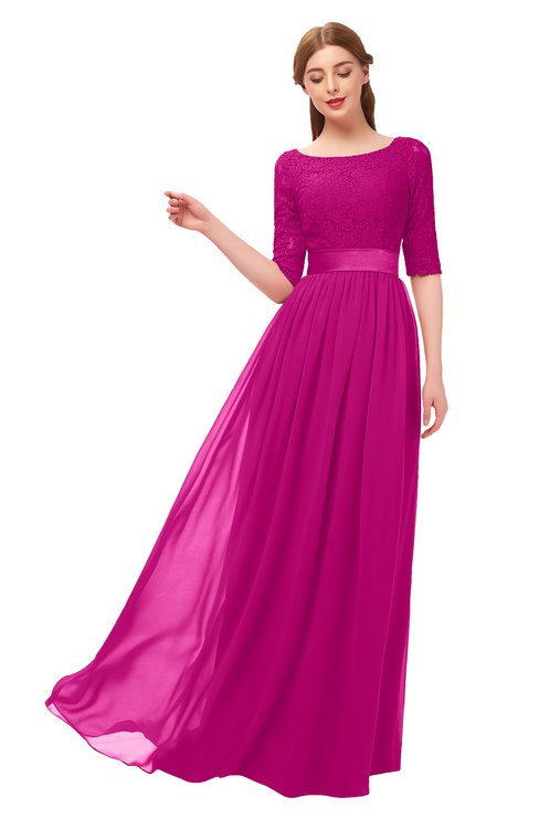 ColsBM Payton Hot Pink Bridesmaid Dresses Sash A-line Modest Bateau Half Length Sleeve Zip up