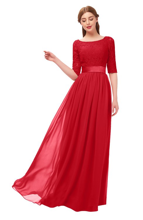 ColsBM Payton Red Bridesmaid Dresses Sash A-line Modest Bateau Half Length Sleeve Zip up