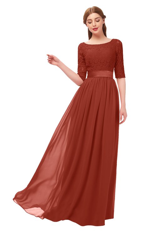 ColsBM Payton Rust Bridesmaid Dresses Sash A-line Modest Bateau Half Length Sleeve Zip up