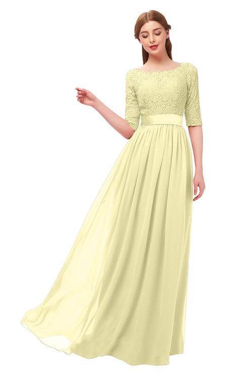 ColsBM Payton Soft Yellow Bridesmaid Dresses Sash A-line Modest Bateau Half Length Sleeve Zip up