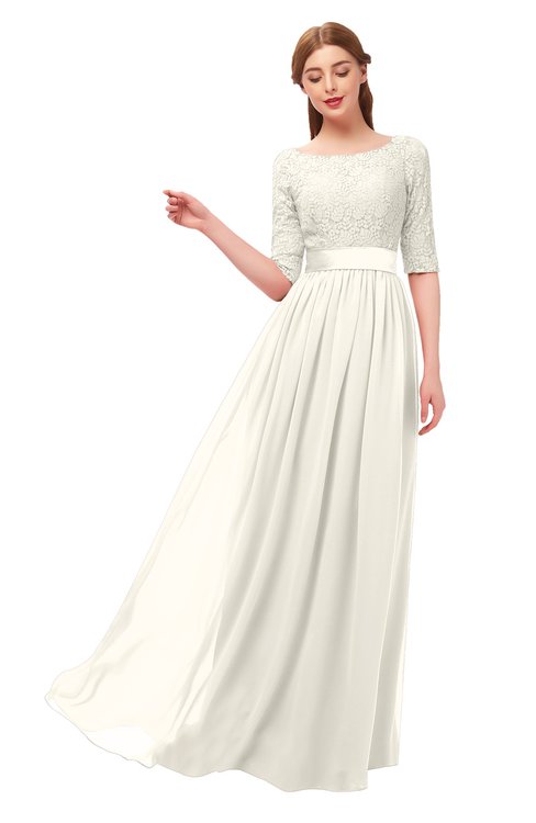 ColsBM Payton Whisper White Bridesmaid Dresses Sash A-line Modest Bateau Half Length Sleeve Zip up