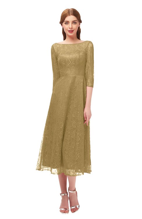 ColsBM Lauryn Venetian Gold Bridesmaid Dresses A-line Lace Cute Tea Length Sabrina Three-fourths Length Sleeve