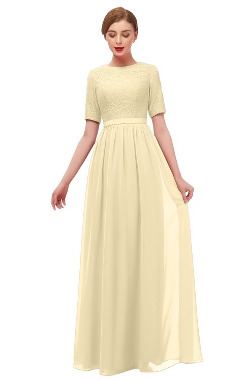 ColsBM Ansley Cornhusk Bridesmaid Dresses Modest Lace Jewel A-line Elbow Length Sleeve Zip up